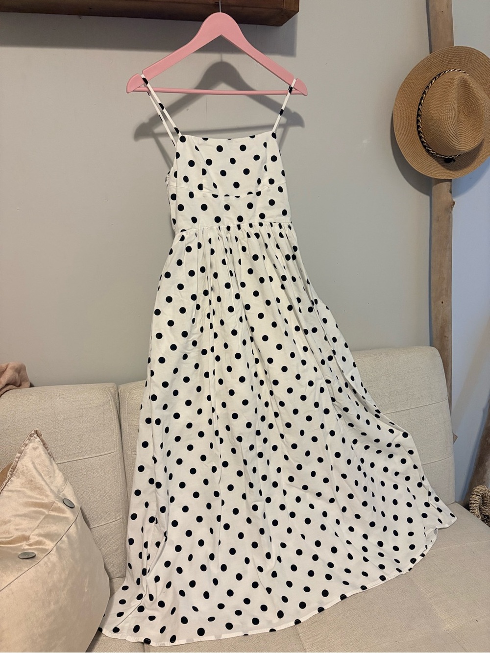 Olivaceous White Maxi Dress with Black Polka Dots